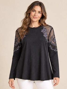 Free People Black Ribbed Embroidered Mesh Swing Top Romantic Size S Oversized